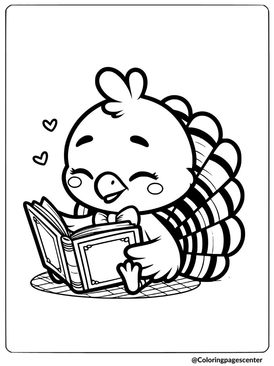 Turkey enjoying reading a book coloring page