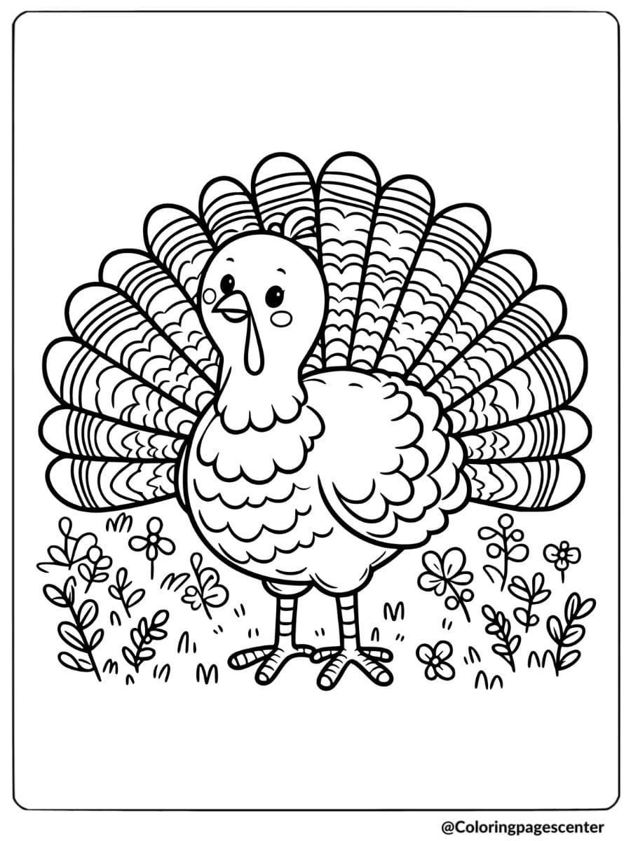 Turkey standing among flowers coloring page