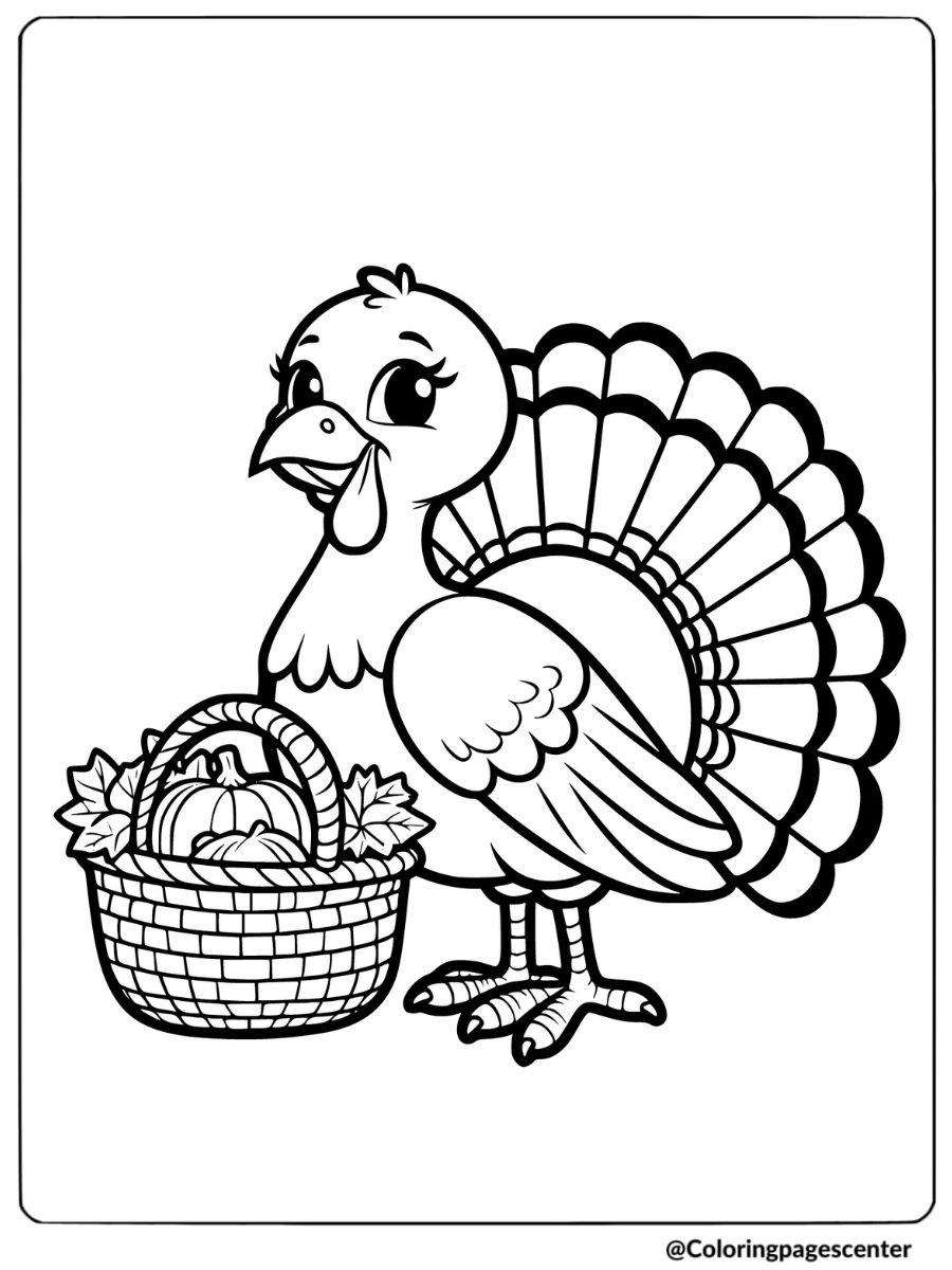 Turkey holding a basket of pumpkins coloring page