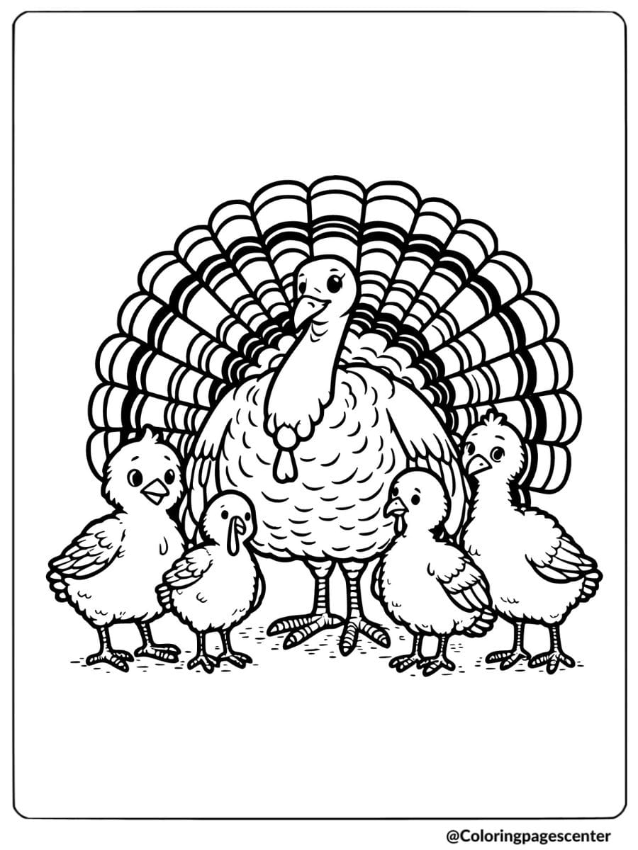 Turkey standing with baby turkeys coloring page