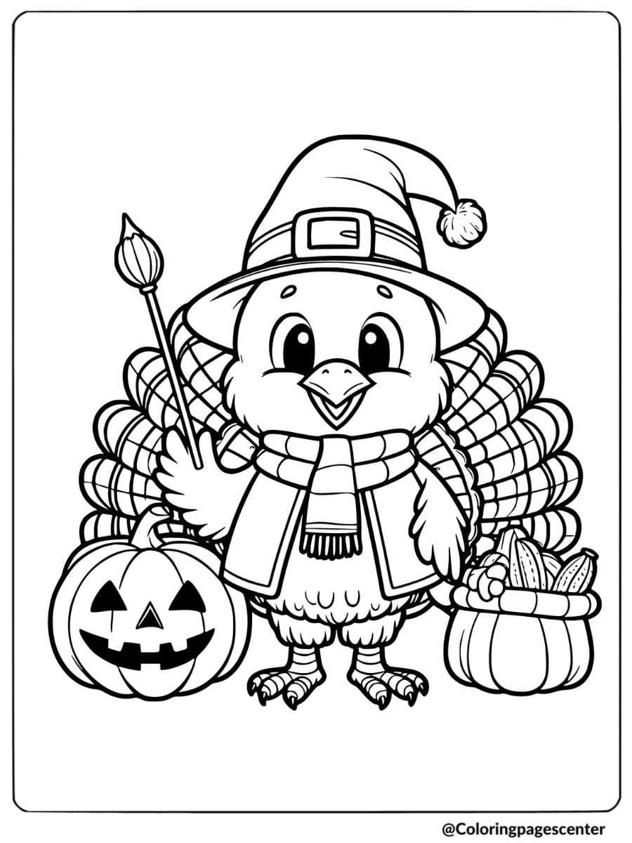 Turkey with a pumpkin and corn basket coloring page