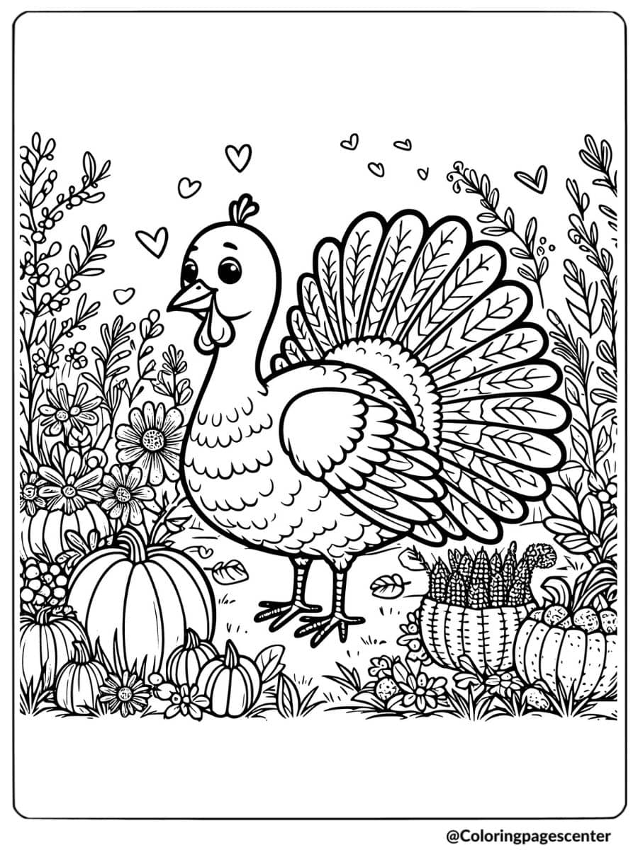 Turkey in a field with pumpkins coloring page