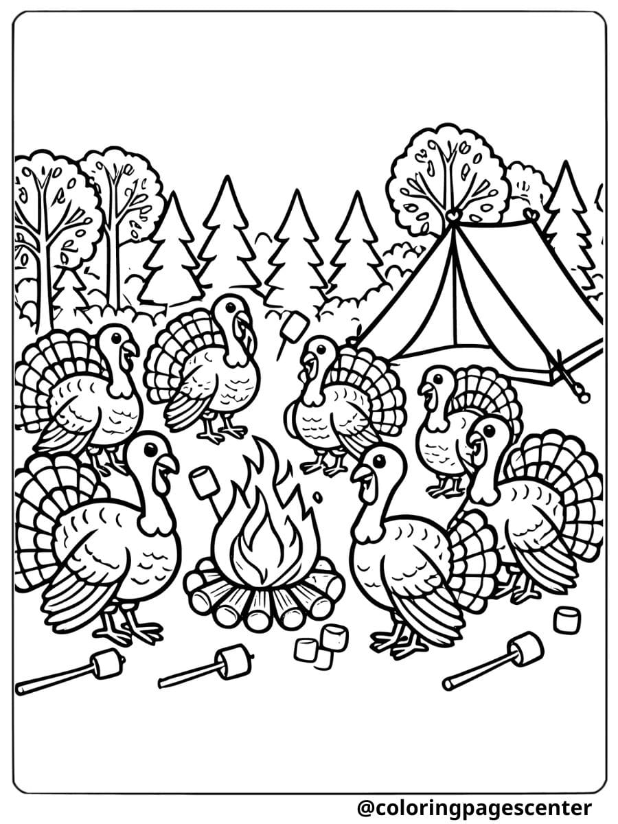 Turkeys gathered around a campfire coloring page