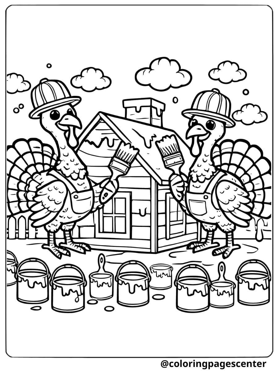 Turkeys painting a house coloring page