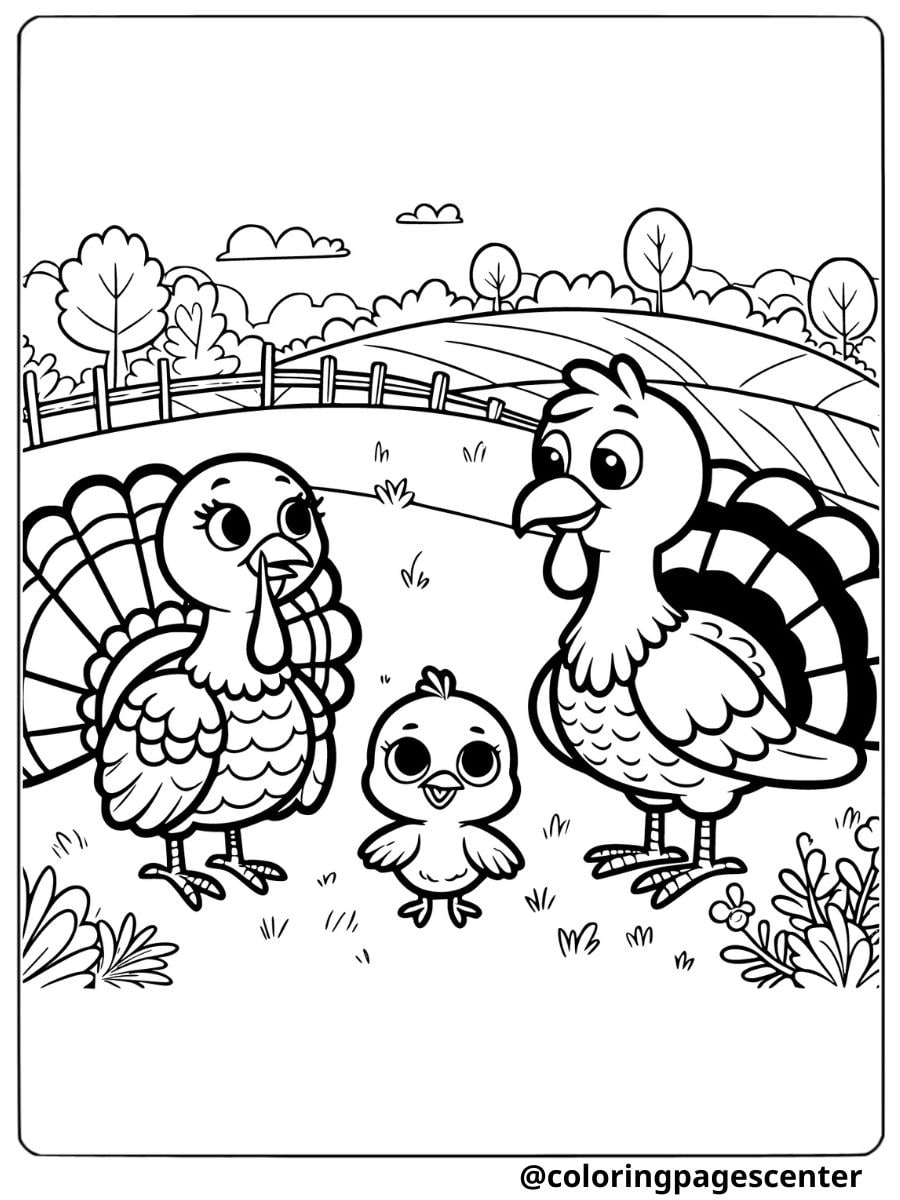 Turkeys with their baby coloring page