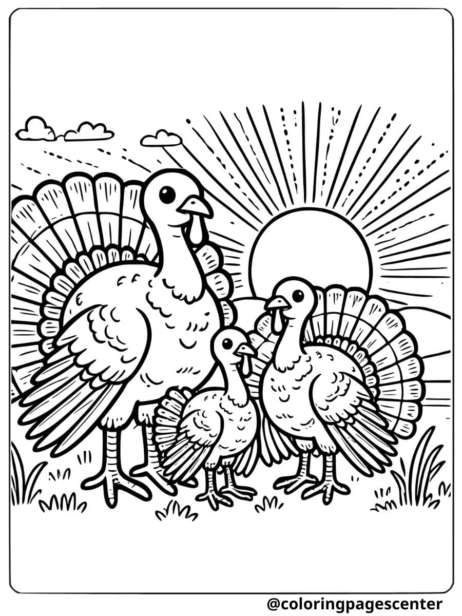 Turkeys enjoying a sunrise coloring page