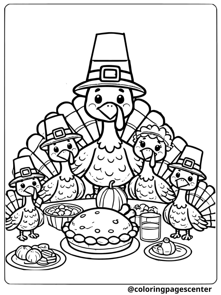 A family of turkeys celebrating Thanksgiving coloring page