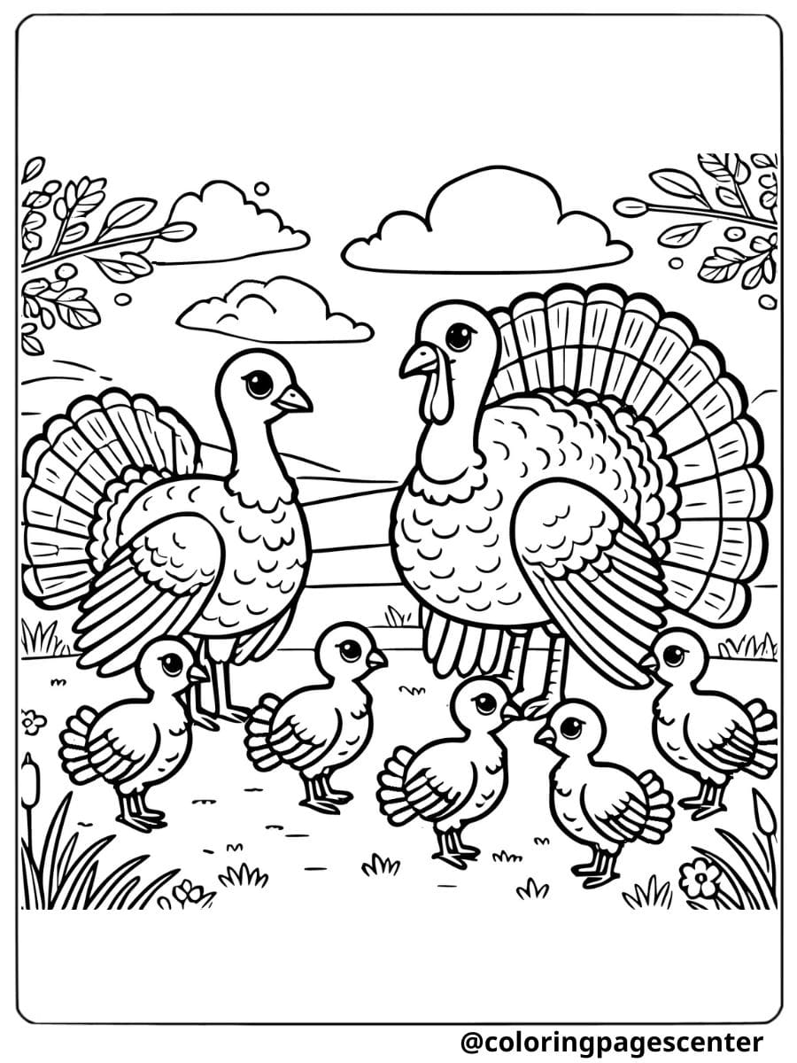 A turkey family and chicks coloring page