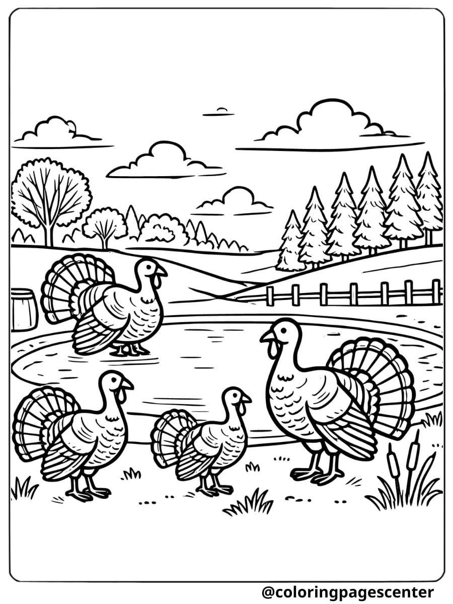 Turkeys standing near a pond coloring page