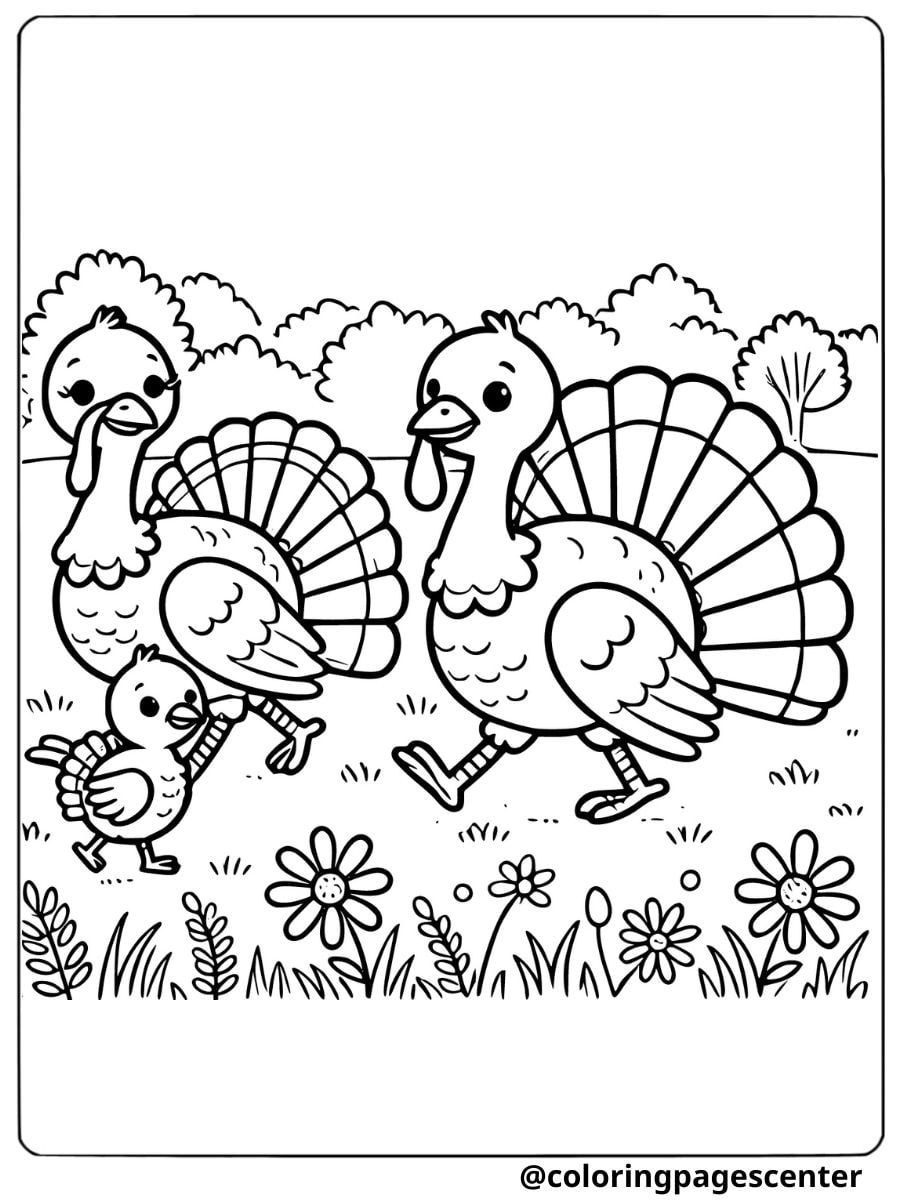 A family of turkeys walking in a field coloring page