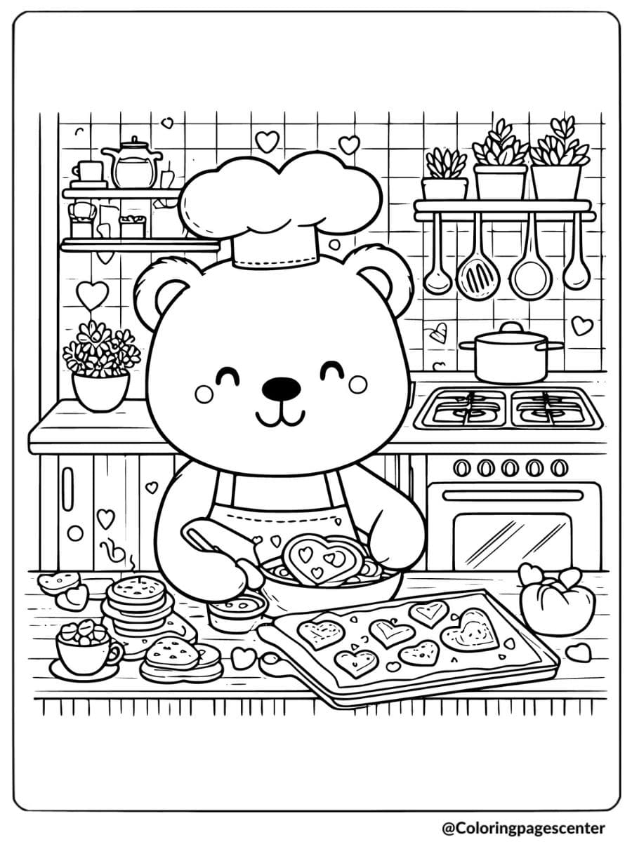 Valentine bear baking heart-shaped treats coloring page