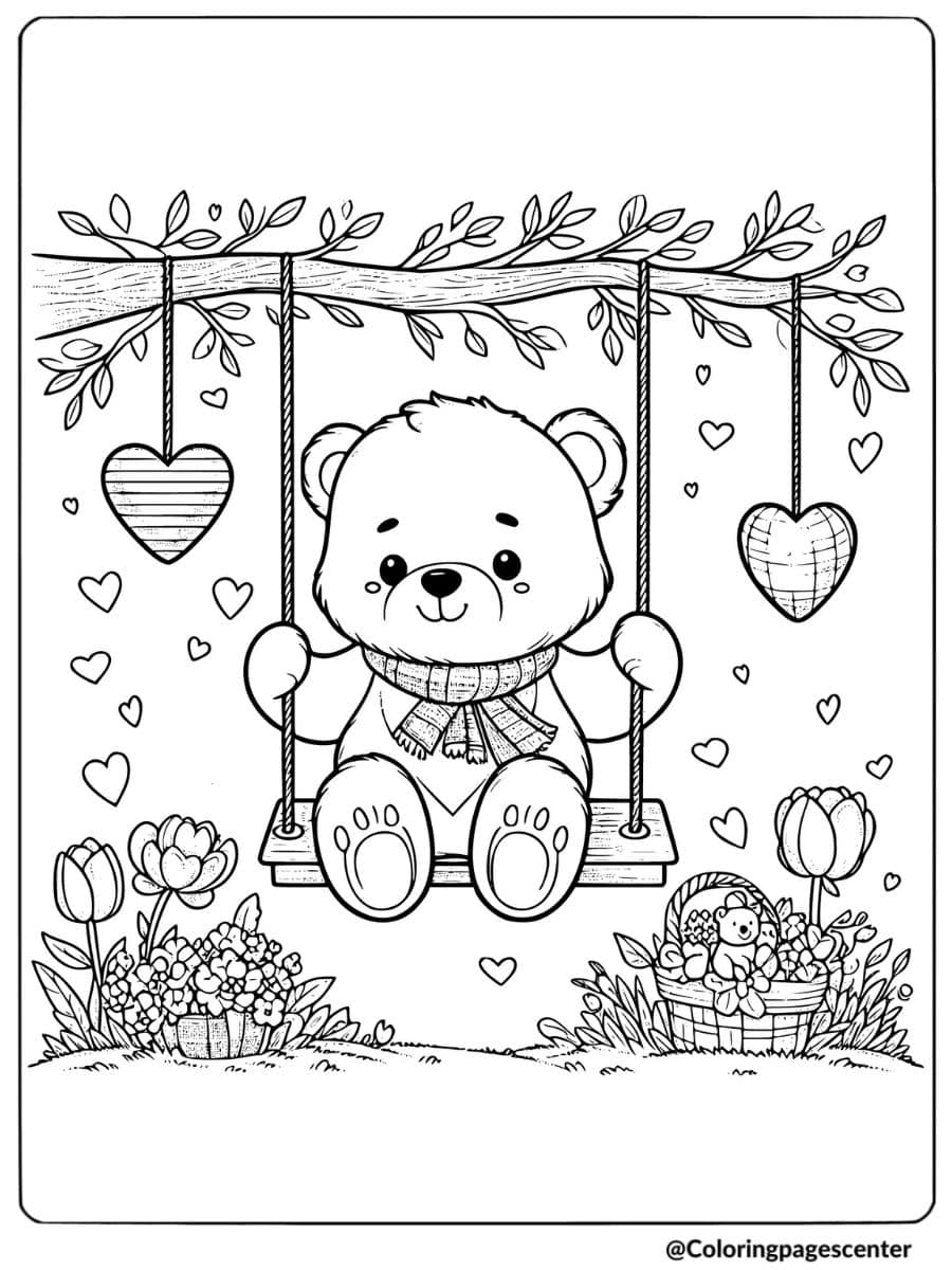 Valentine bear on swing with hearts coloring page