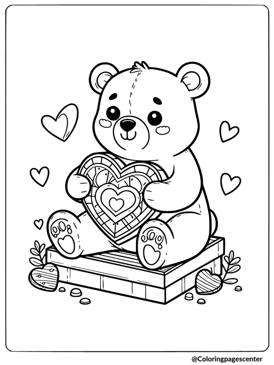 Valentine bear holding heart-shaped gift coloring page