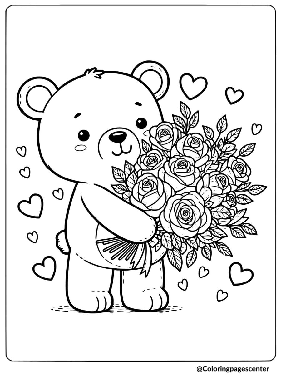 Valentine bear holding roses bouquet coloring page