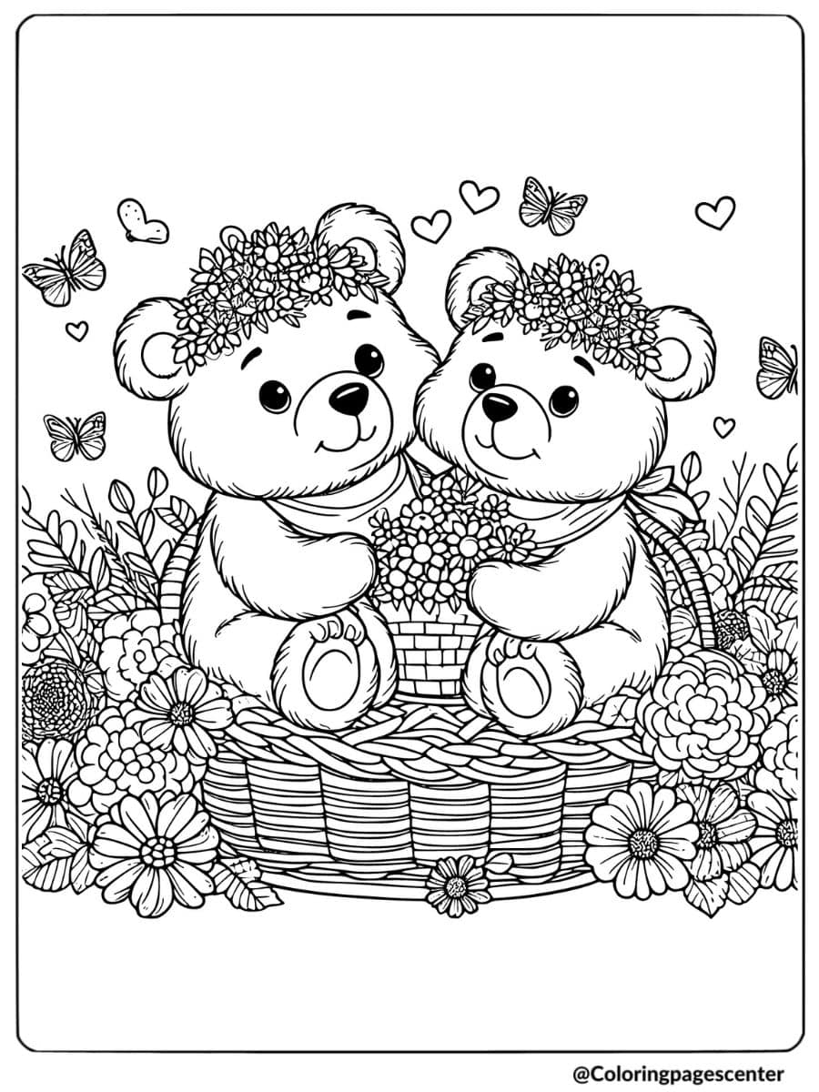 Valentine bears in flower basket coloring page