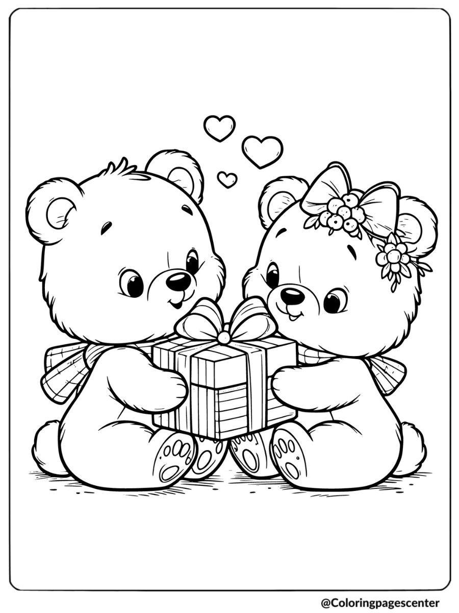 Two valentine bears sharing a gift coloring page