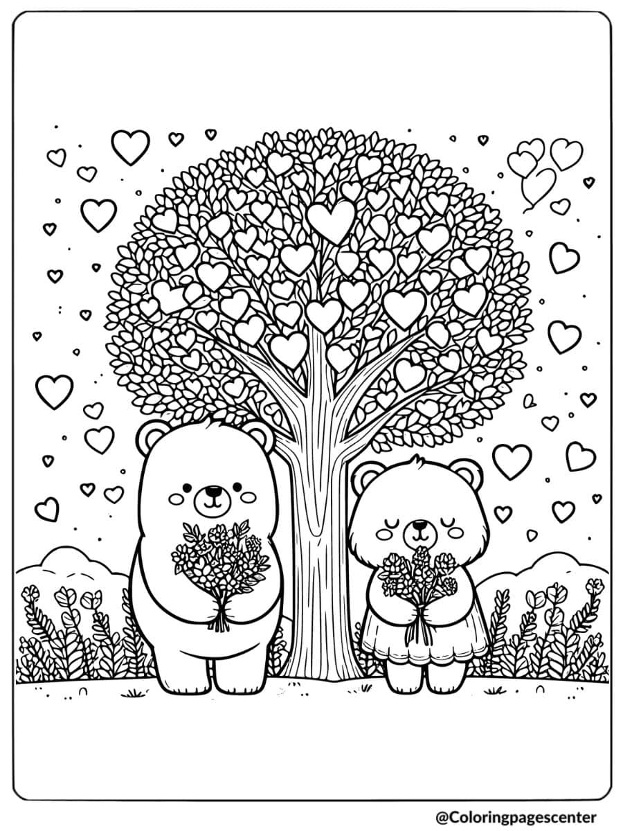 Valentine bears with flowers under heart tree coloring page