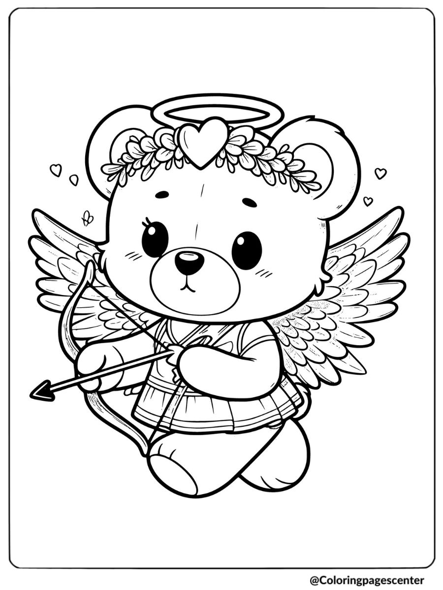 Valentine bear dressed as Cupid coloring page