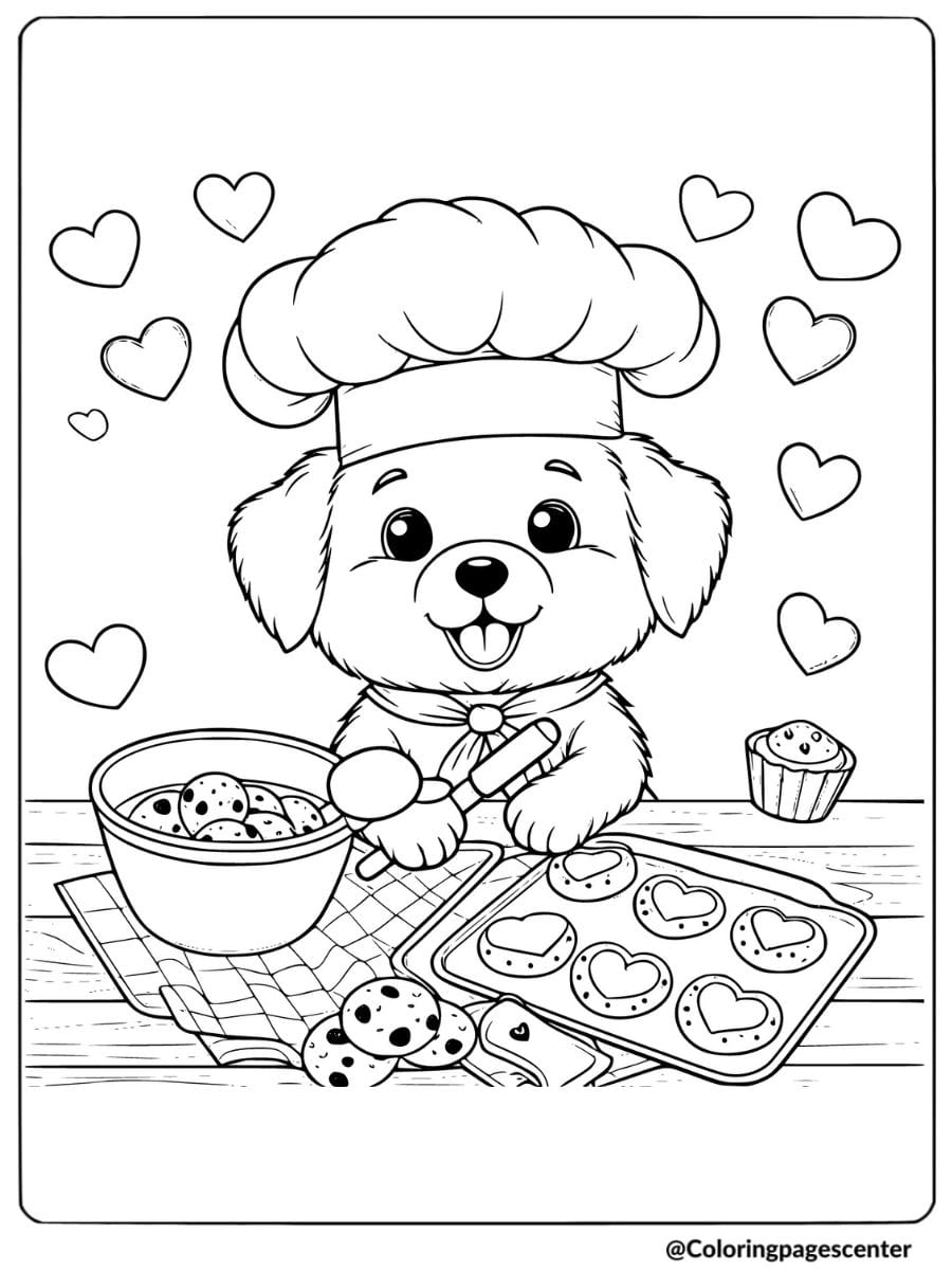 Valentine Puppy baking cookies coloring page