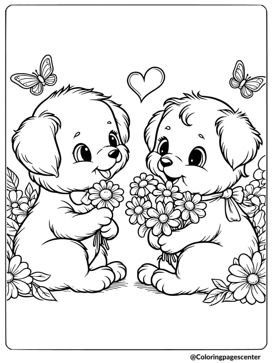 Two puppies holding flowers for Valentine coloring page