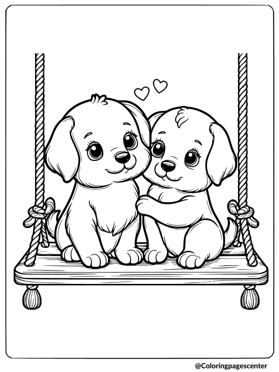 Two puppies on a swing in Valentine coloring page