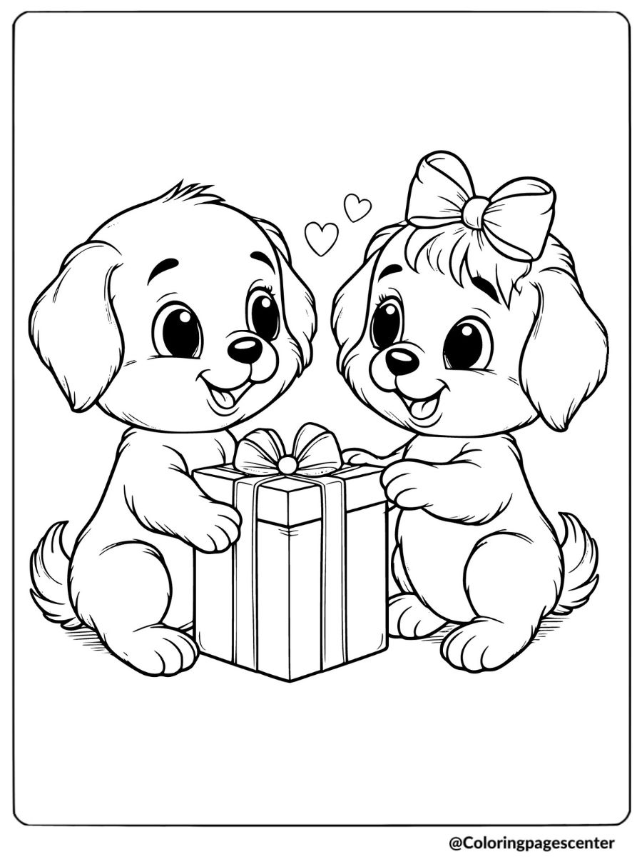 Valentine Puppy couple with a present coloring page