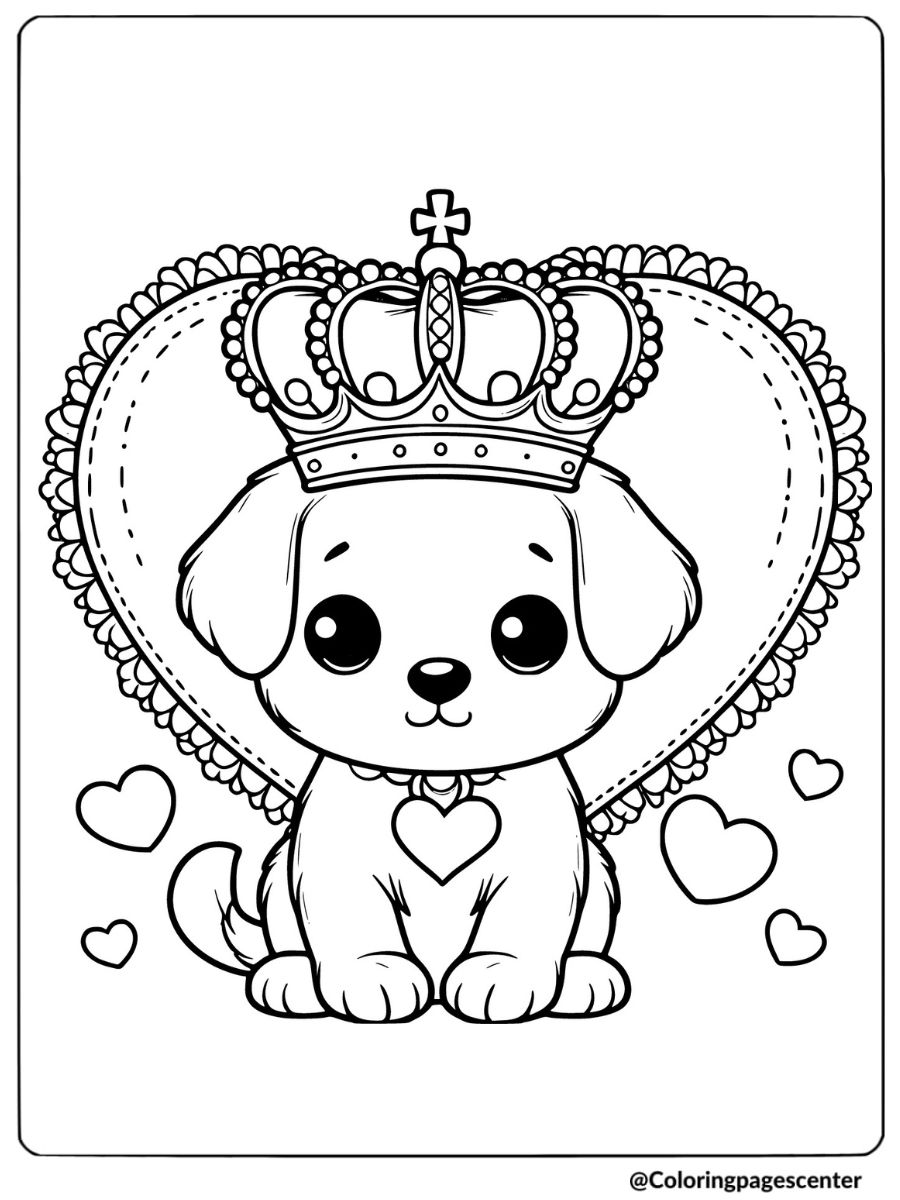 Cute Valentine puppy wearing a crown coloring page