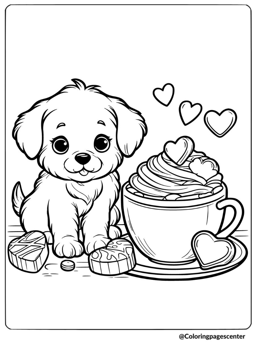 Valentine Puppy and hot chocolate coloring page