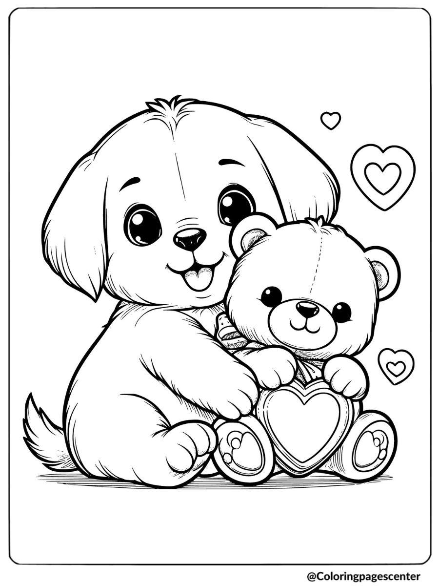 Valentine Puppy hugging a teddy bear coloring page