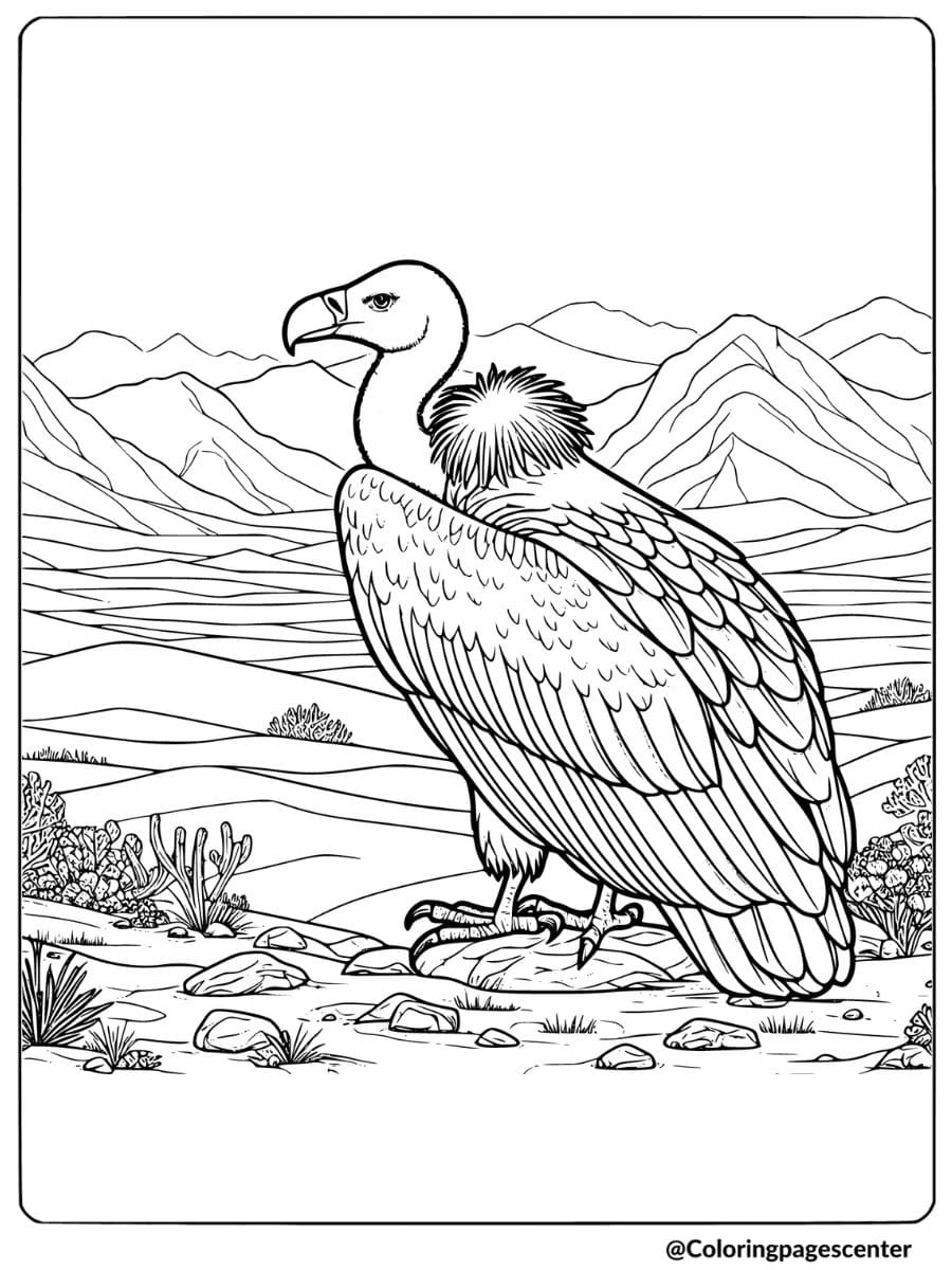 Vulture in a desert scene coloring page