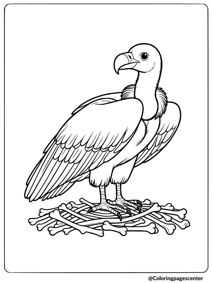 Vulture standing on bone pile coloring page