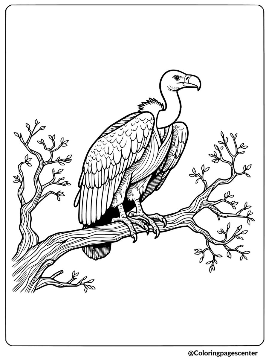 Vulture sitting on a branch coloring page