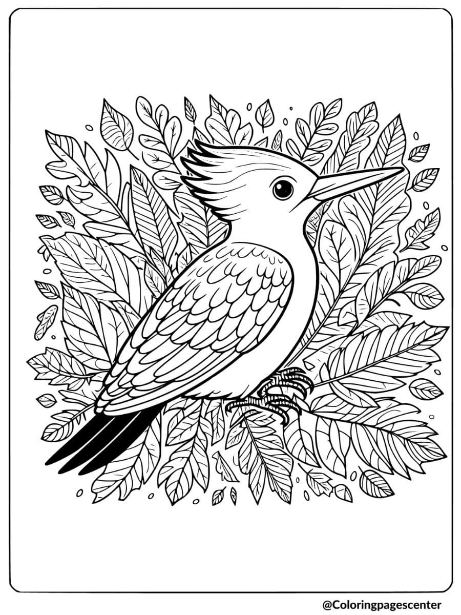 A woodpecker surrounded by leaves coloring page