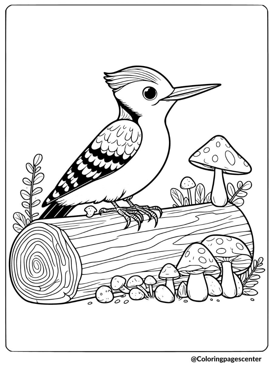 Woodpecker on a log with mushrooms coloring page