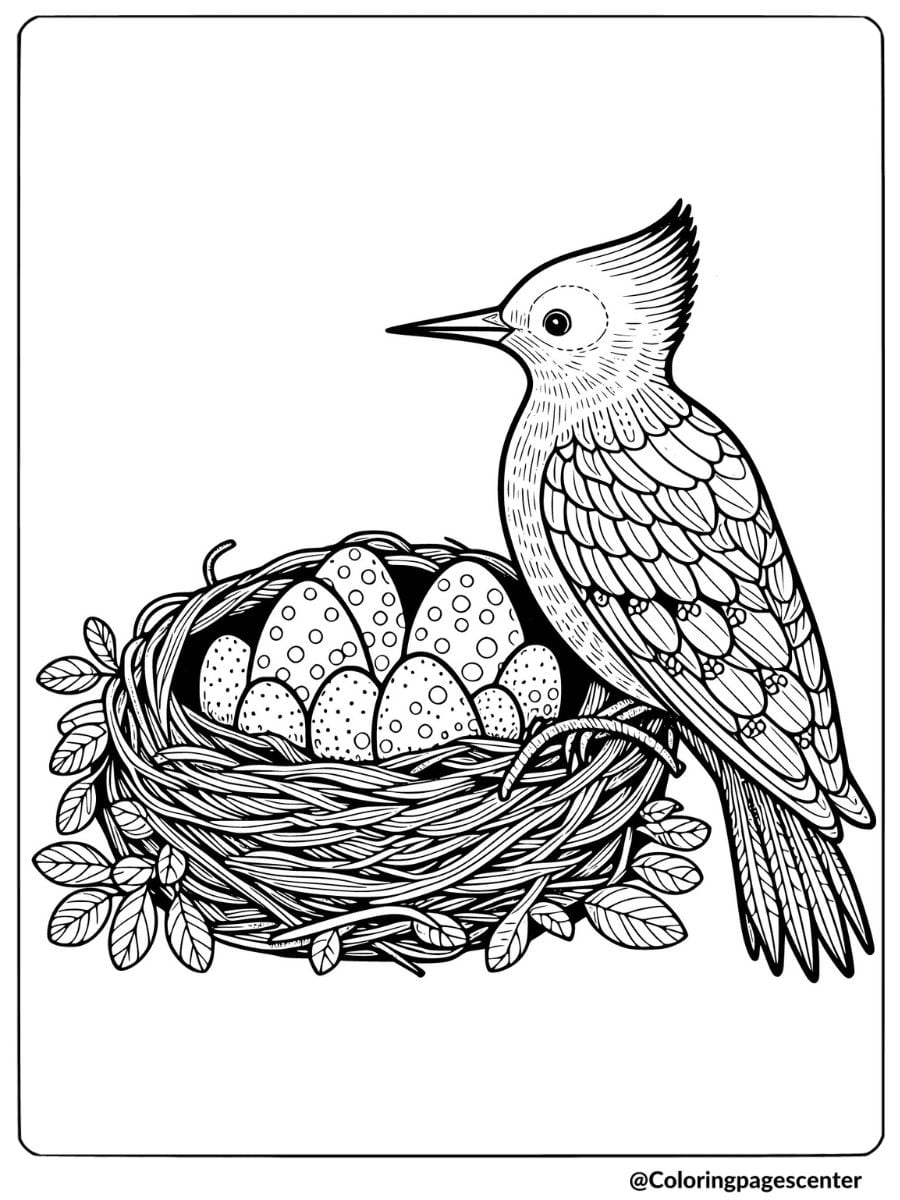 Woodpecker guarding its nest with eggs coloring page