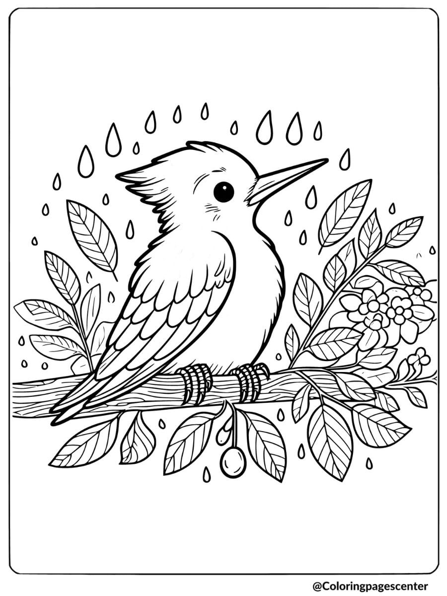 Coloring page of a woodpecker sitting on a branch with leaves