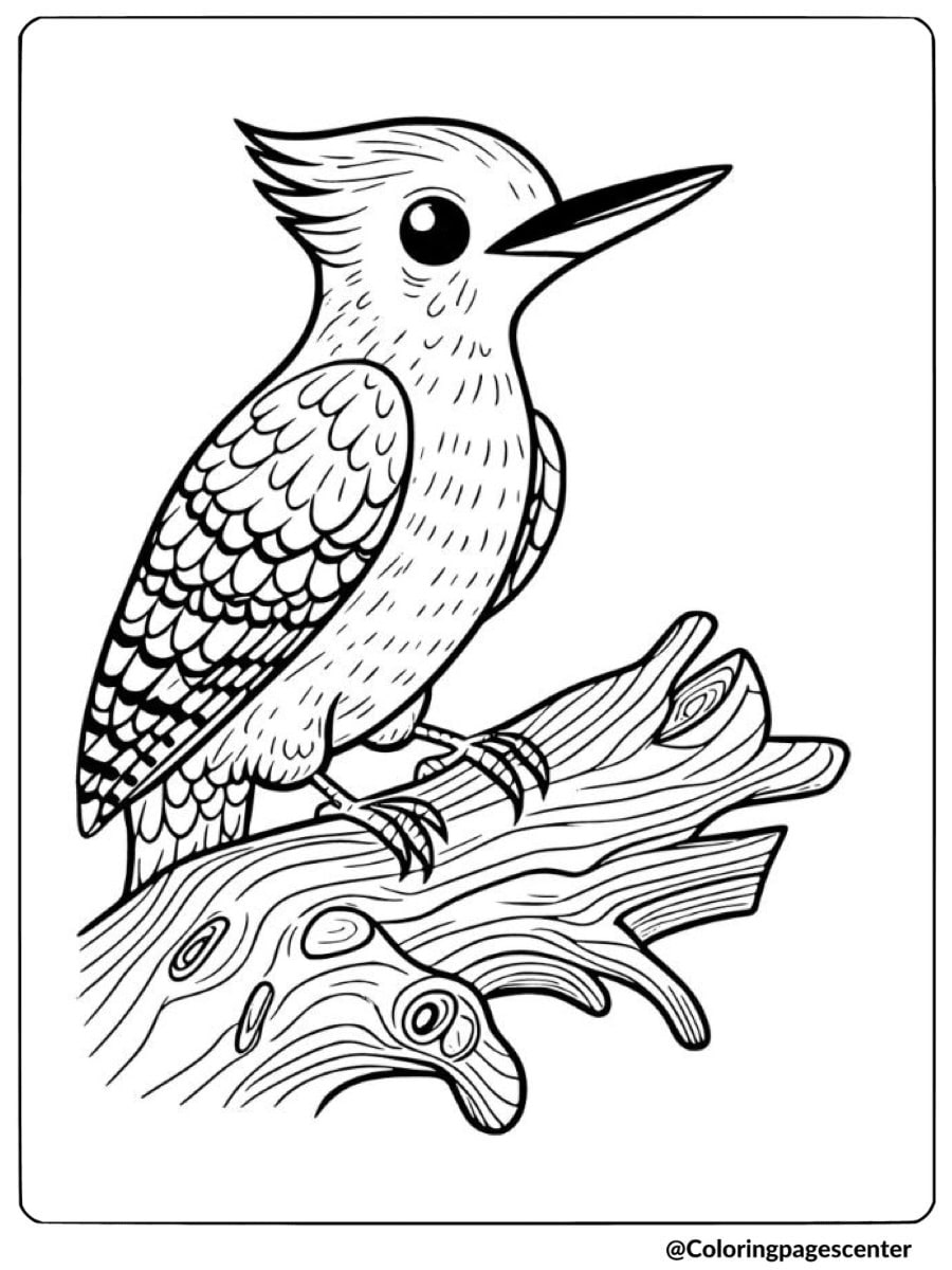 A simple woodpecker perched on a tree stump coloring page