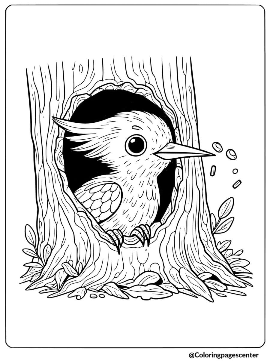 Coloring page of a woodpecker peeking out from a tree hole