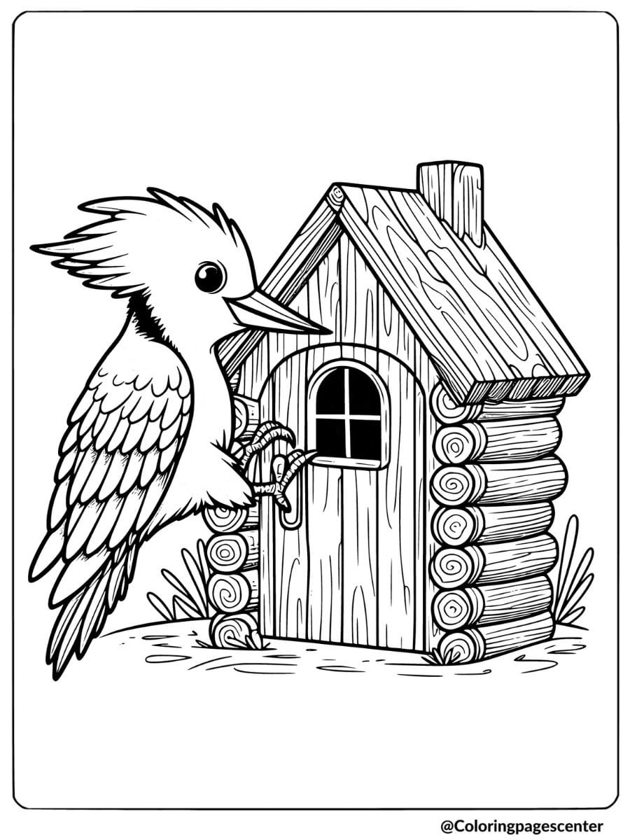 A woodpecker flying near a birdhouse coloring page