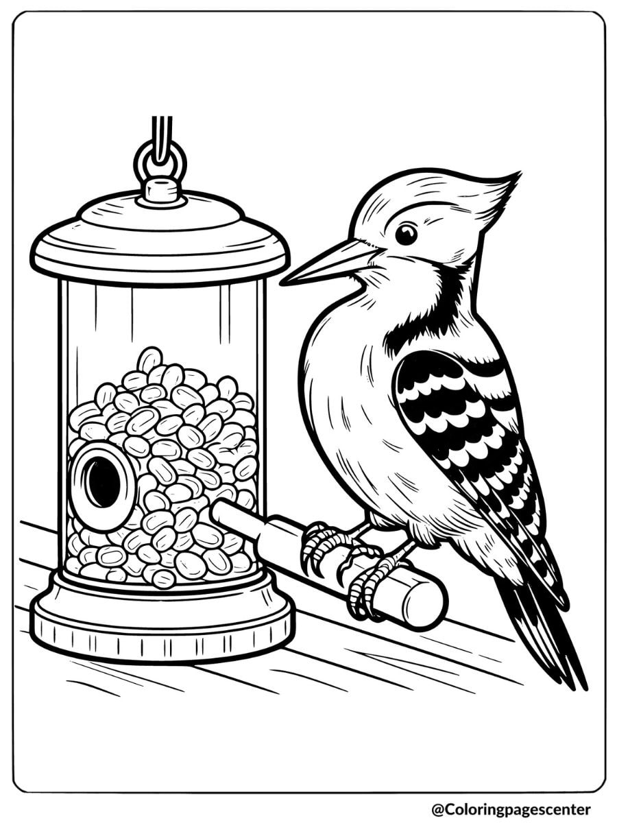 A woodpecker perched on a feeder coloring page