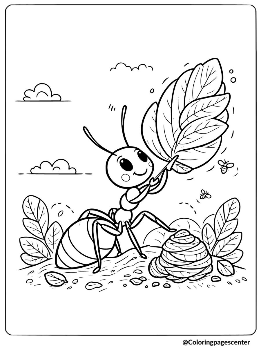 Cheerful ant holding a leaf coloring page