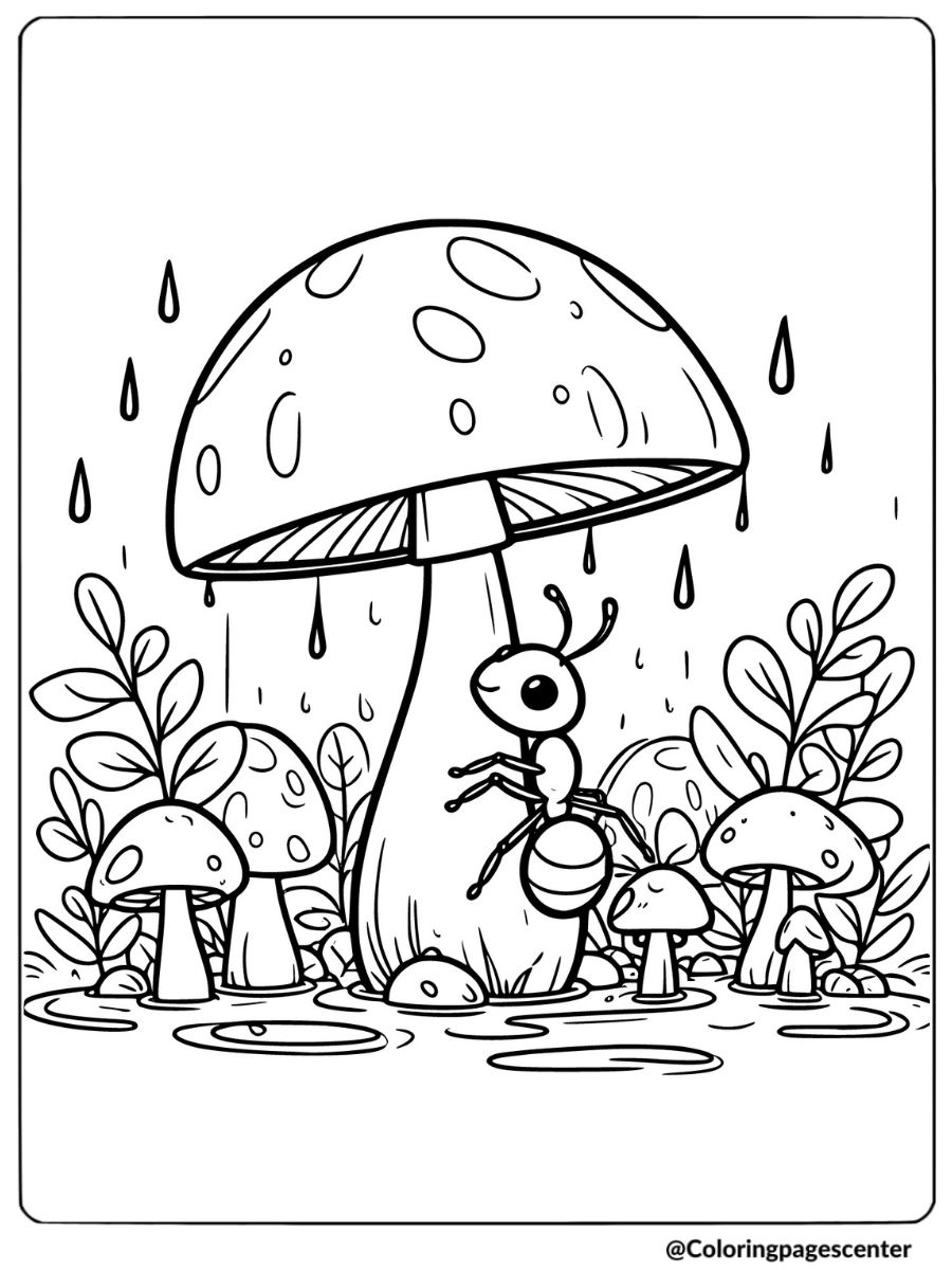 Ant near large mushrooms in forest coloring page