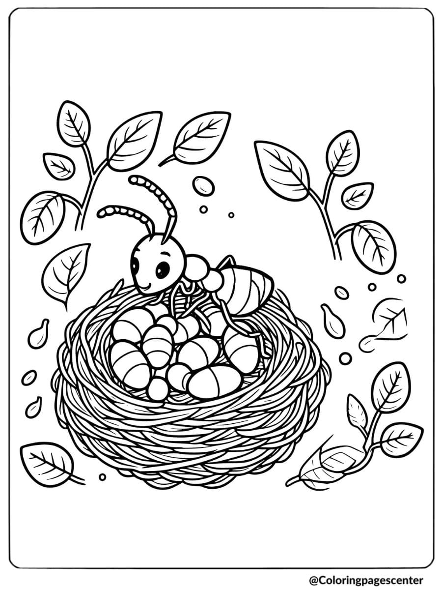 Ant tending eggs in nest coloring page