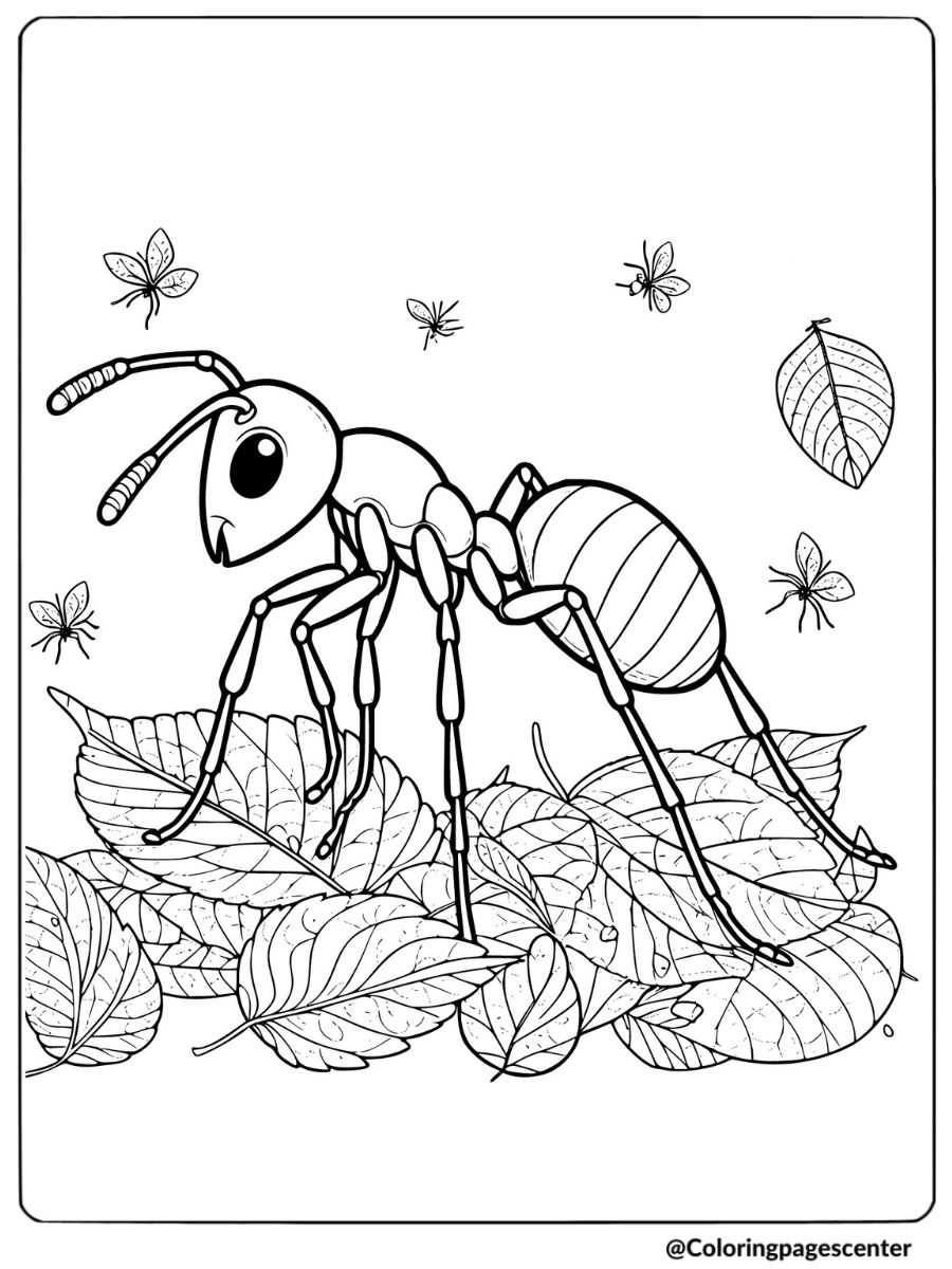 Detailed ant on leaves coloring page