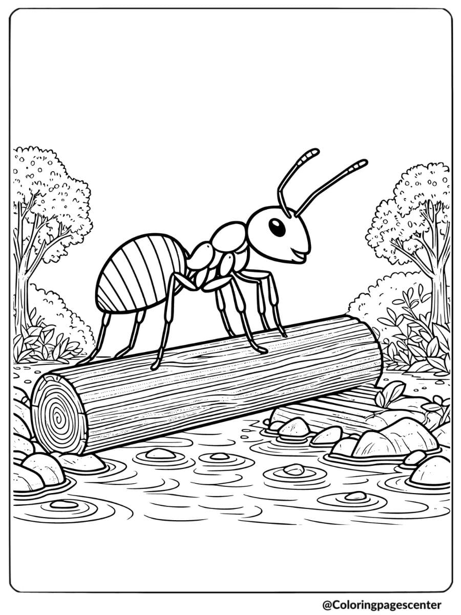 Ant crossing a river on a log coloring page