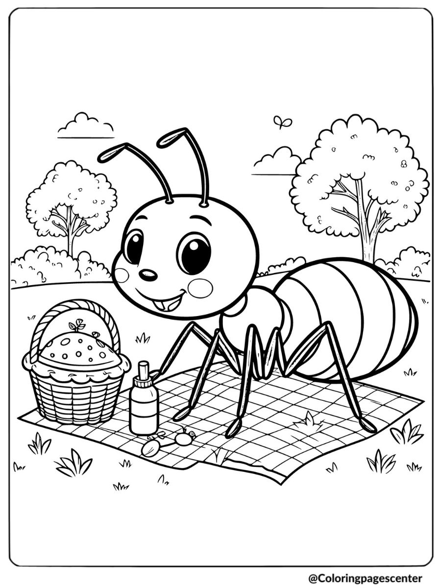 Smiling ant having picnic coloring page