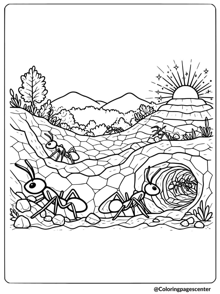 Ants in tunnel with sunrise background coloring page