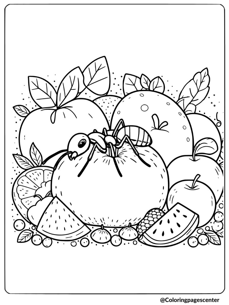 Ant among fruits and berries coloring page