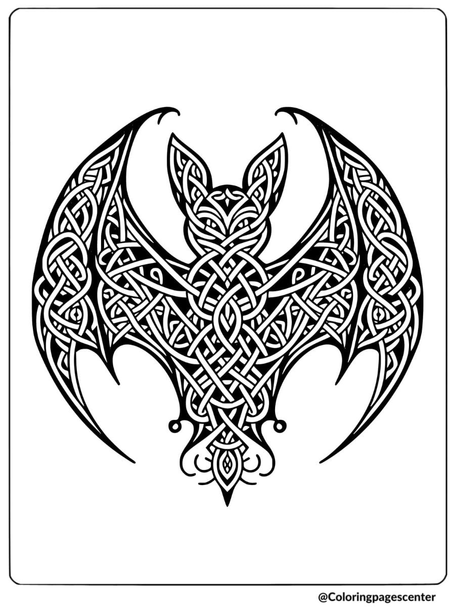 A bat with a Celtic knot pattern coloring page for adults