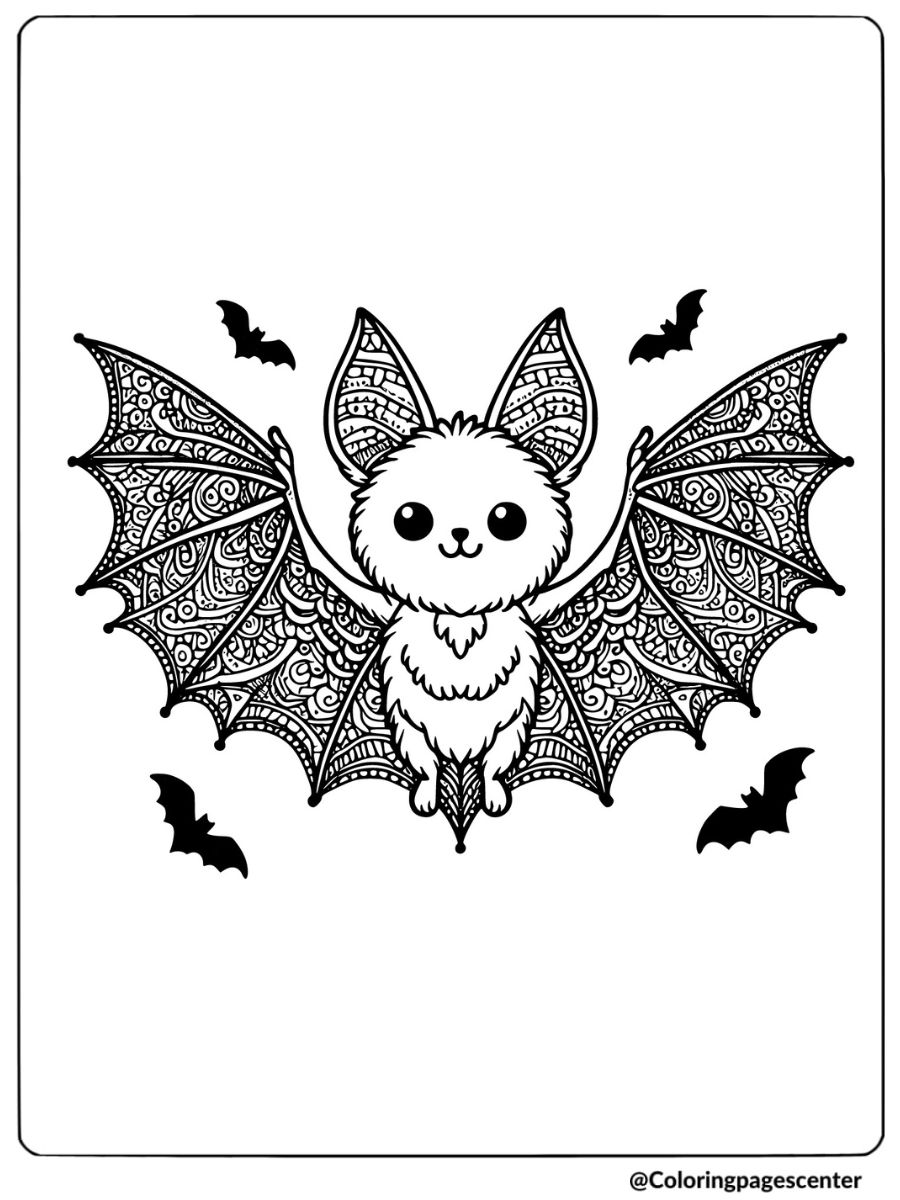 A bat with intricately patterned wings coloring page for adults